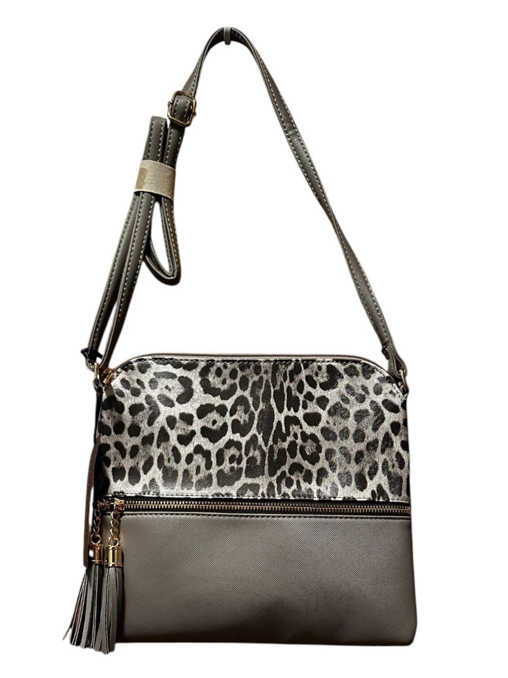 Deluxity Leopard Accent Crossbody Shoulder Bag in Gray